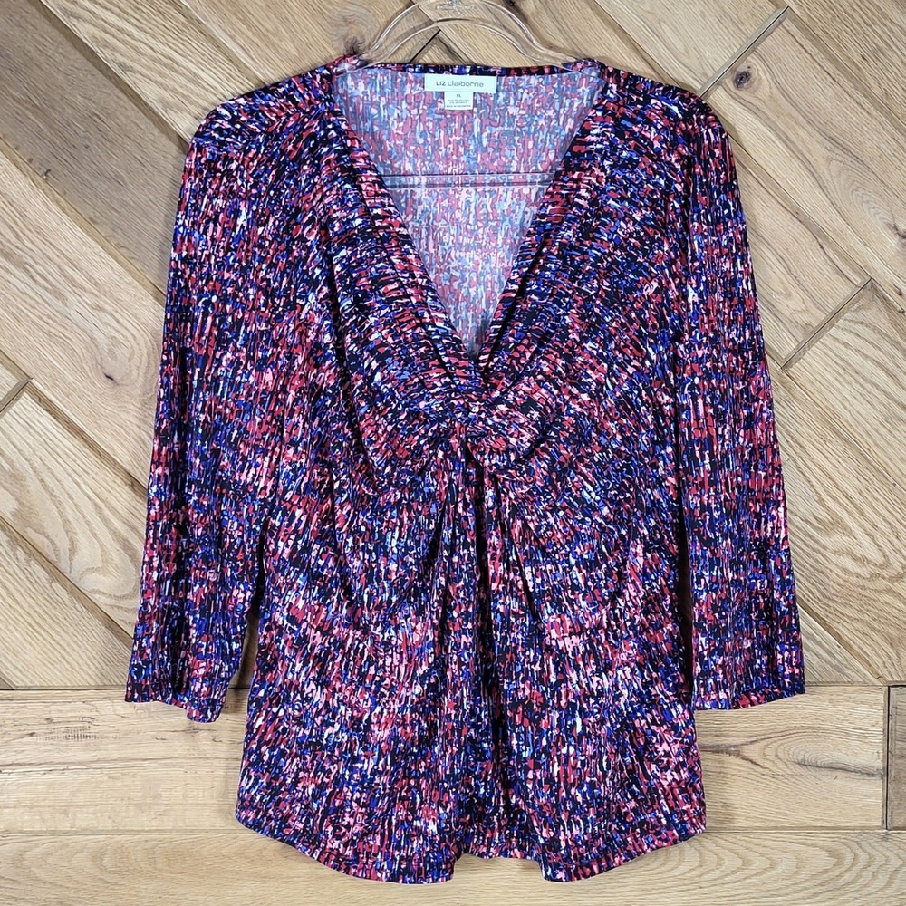 Liz Claiborne Blouse Womens XL 3/4 Sleeve Knot Front Abstract Print Pink Blue - Picture 1 of 5